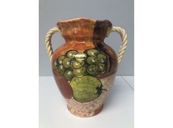 Fruit Motif Pottery Ceramic Vase W/rope Style Handles Italy