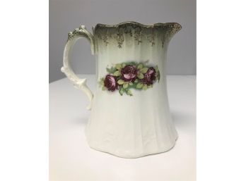 Antique Minton China Pitcher With Red Roses And Gold Painted Rim