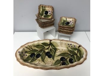 Hand Painted Olives Motif Serving Platter W/8 Plates