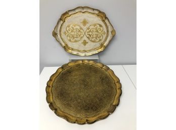 Pair Of Italian Gold Painted Florentine Wood Serving Trays Italy