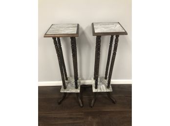 Pair Of Marble & Wood Tall Pedestal End Table