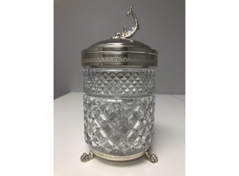 Vintage Pressed Glass Small Ice Bucket With Silver Plate Feet & Cover