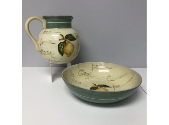 Painted Ceramic Pitcher & Large Bowl Lemon Motif