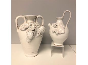 Pair Of Distressed White Ceramic Jugs With 3D Fruit