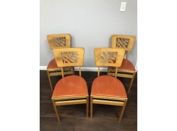 Set Of 4 Vintage Folding Card Table Chairs Wood & Vinyl Seats