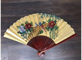 Large Japanese Painted Paper Fan Wood Slats