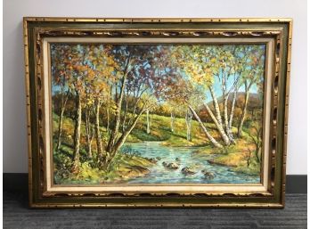 Large Framed Painting :birch Trees & Brook: By Rudin