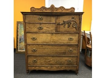 Antique Tall Oak Dresser On Wheels With Ornate Back Gallery