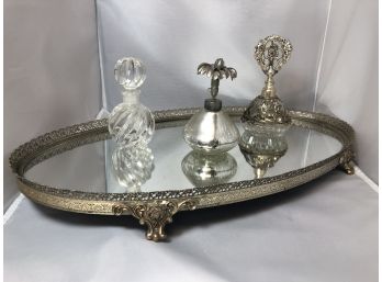 Vintage Mirrored Tray With 3 Beautiful Perfume Bottles