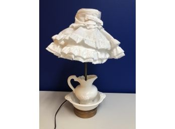 White Lamp In Shape Of Pitcher & Basin With Eyelet Shade