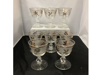 Vintage 1960s Cordial Sherry Glasses Gold Leaf Etched Frosted Set Of 8