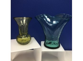 Pair Of 2 Pretty Crackle Glass Vases