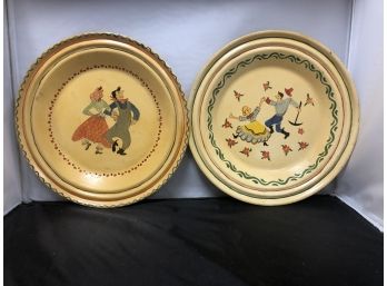 Pair Of 2 Vintage Hand Painted Farmer Barn Dancing Metal Plates