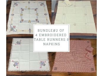 Bundle #2 Vintage Table Linens - 4 Embroidered Table Runners & Napkins