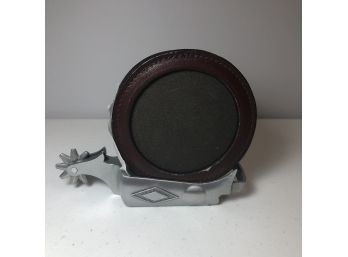 Brand New Spur Shaped Metal Holder W/4 Leather Coasters