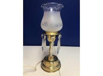 Small Brass Table Lamps With Frosted Etched Shades & Hanging Crystals