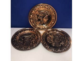 Trio Of Vintage Embossed Hammered Metal Round Wall Decor Plates Plaques