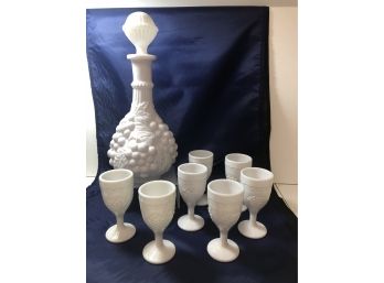 Antique Milk Glass Bundle #8 - Imperial Glass Decanter And 4 Unmarked Small Wine Glasses