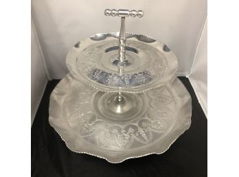Vintage Two-Tiered Aluminum Dessert Serving Stand  Hammered Etched