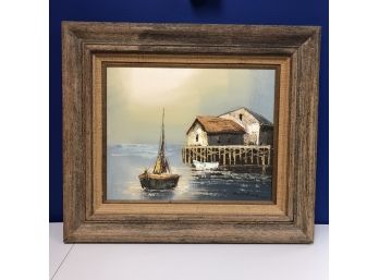 Vintage Original Sailboat Dock Pier Nautical Painting Framed Signed