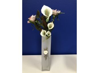 Narrow Vase W/3D Flower & 3 Stems Of Porcelain Flowers