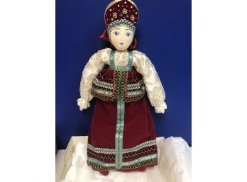Fabulous Russian Doll In Red Velvet Dress Fabric Painted Face