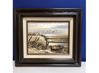 Framed Paint On Canvas Signed Letendre Ocean Rowboat Sunset Nautical Dunes