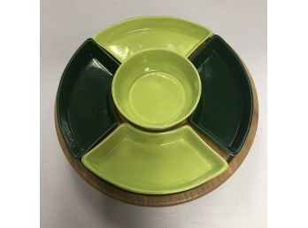 Vintage Wood Lazy Susan With Light Green & Dark Green Sections