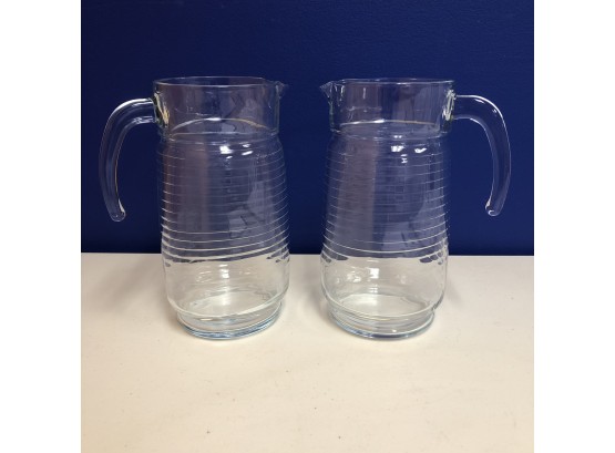 Pair Of 2 Pretty Pitchers With Stripes/Lines