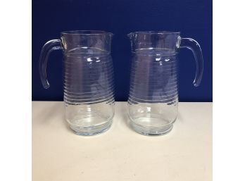 Pair Of 2 Pretty Pitchers With Stripes/Lines