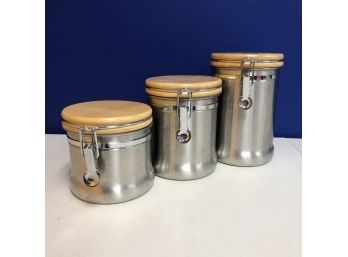 Set Of 3 Stainless Canisters W/natural Wood Top