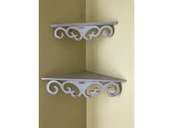 Pair Of 2 White Distressed Corner Wall Mount Shelves