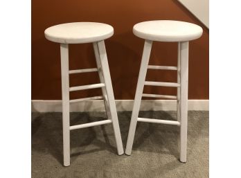 Pair Of 2 White Painted Wood Bar Stools