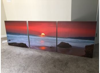 Impressive 3 Pc Sunset Sunrise Ocean Prints On Wood