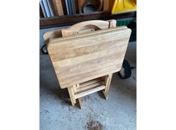 Trio Of Light Wood Folding Tray Tables With Caddy Holder