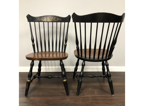 Pair Of 2 Hitchcock New London 10 Spindle Back Side Chairs Black W/ Harvest Stencil