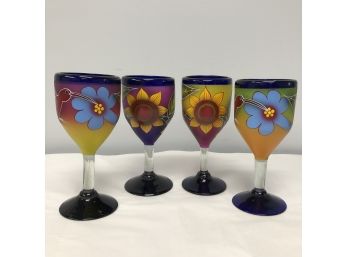 4 Gorgeous Cobalt Blue Painted Wine Glasses - Hummingbird & Sunflower
