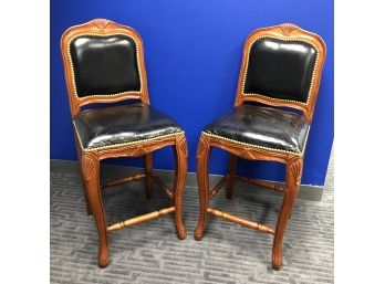 Pair Of Carved Wood & Leather Counter Height Stools W/ Backs