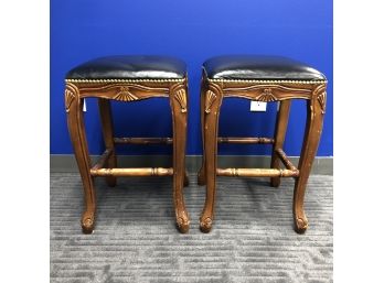 Pair Of Carved Wood & Leather Counter Height Stools No Backs