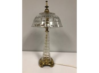 Vintage MCM Dresden Crystal Cut Mushroom Dome Table Lamp W/ Signed Etched Top