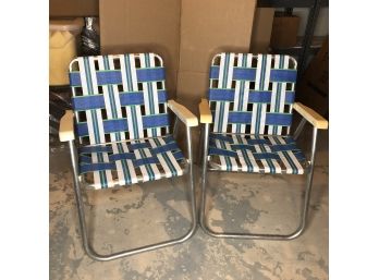 Pair Of 2 Classic Aluminum Framed, Fabric-webbed Lawn Chairs