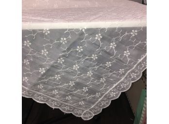 Delicate Vintage White On White Embroidered Tablecloth