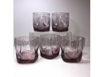 5 Retro Amethyst Purple Colored Low Ball Rocks Glasses