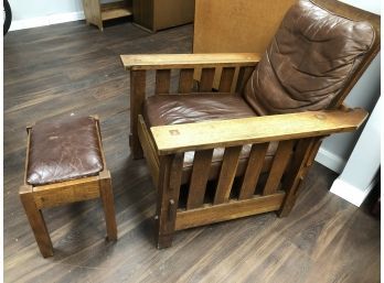 Mission Oak Morris Chair And Ottoman, Quaint Furniture Label, Leather Upholstery
