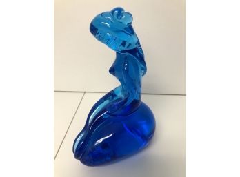 Pretty Cobalt Blue Art Glass Mermaid On A Rock Figurine Statue