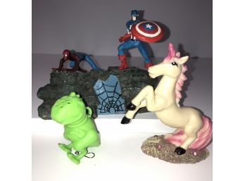 Kid's Figurine Bundle - Marvel's Capt America & Spiderman, Unicorn, T-Rex