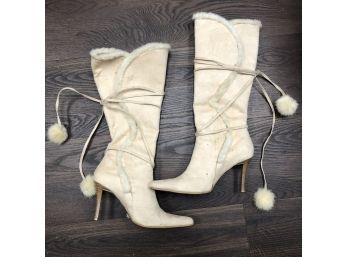 Faux Suede Stiletto Beige High Boot 'Olay-23' With Pom Poms