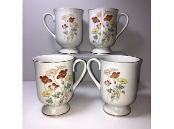 Fanci Florals Collection Painted Poppy Porcelain 4 Coffee Mugs Cup Gold Trim