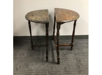 2 Antique Dark Wood Half Moon Side Occasional Accent Tables