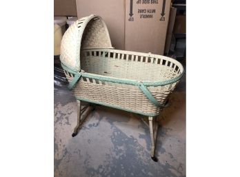 Vintage Baby Bassinet White Wicker Wood With Folding Legs